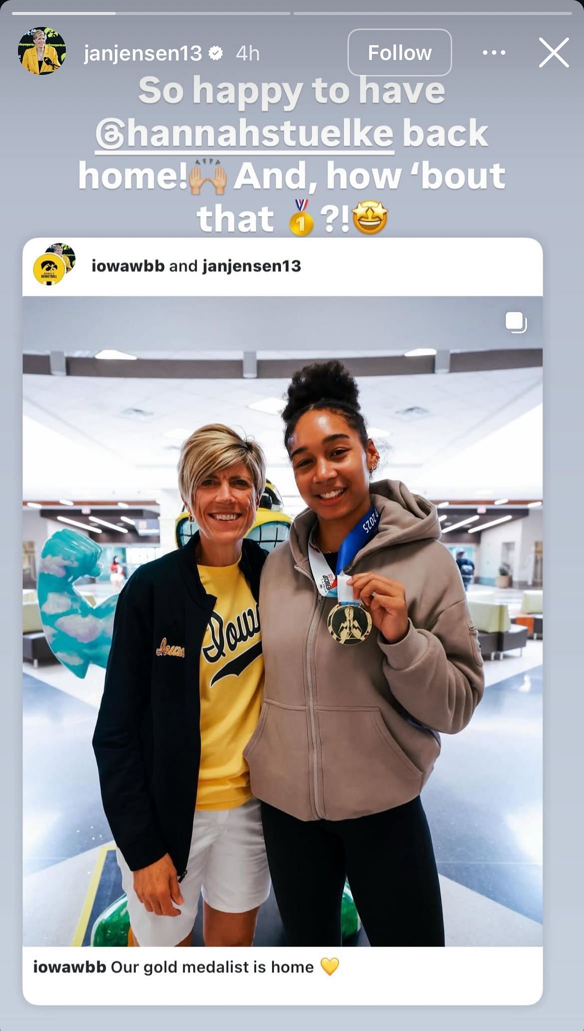 Jan Jensen hypes up Hannah Stuelke on her Instagram story